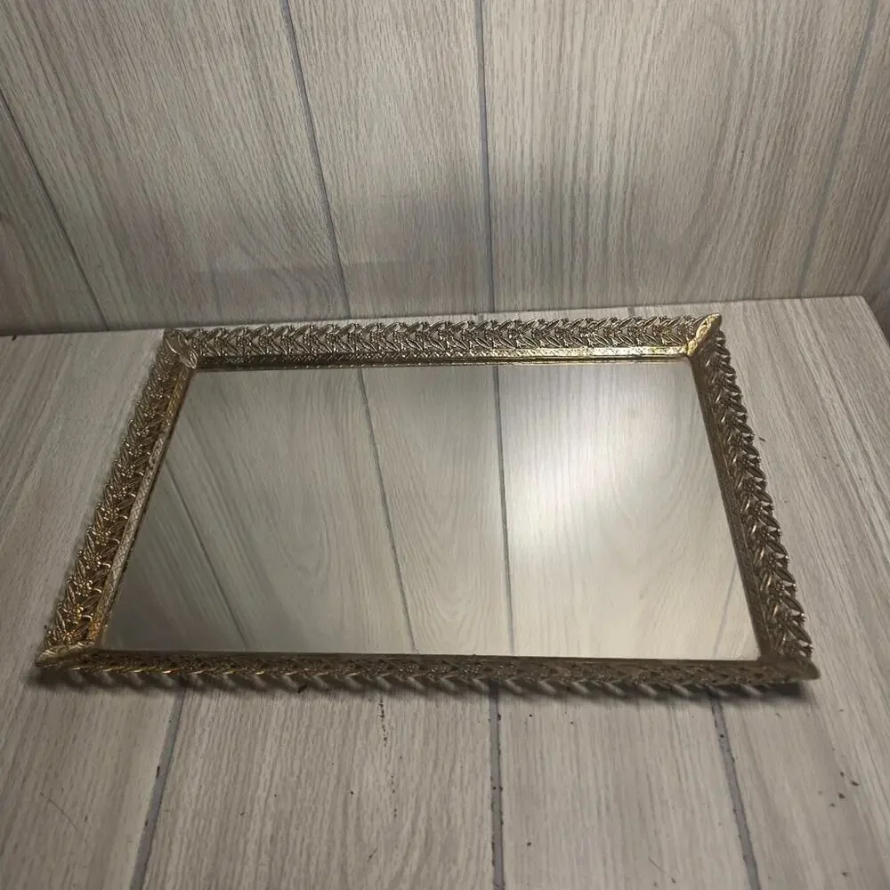 Vintage Fillagree Gold Tone Rectangle Mirrored Vanity Tray Trinket Display